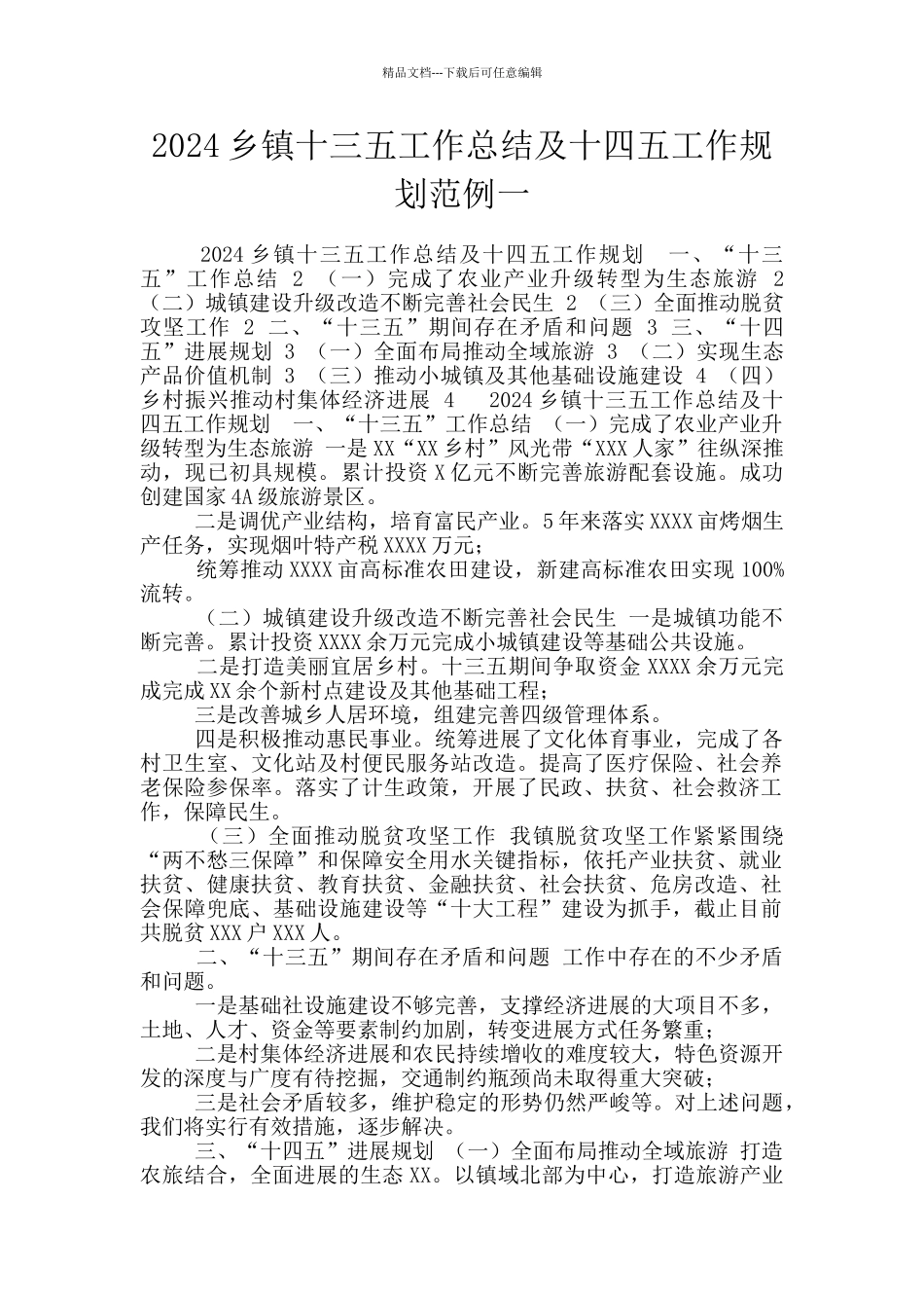 2024乡镇十三五工作总结及十四五工作规划范例一_第1页