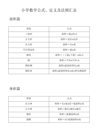 小学数学公式、定义及法则汇总