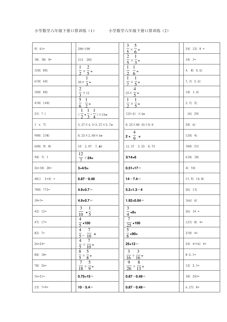 小学数学六年级下册口算训练_第1页