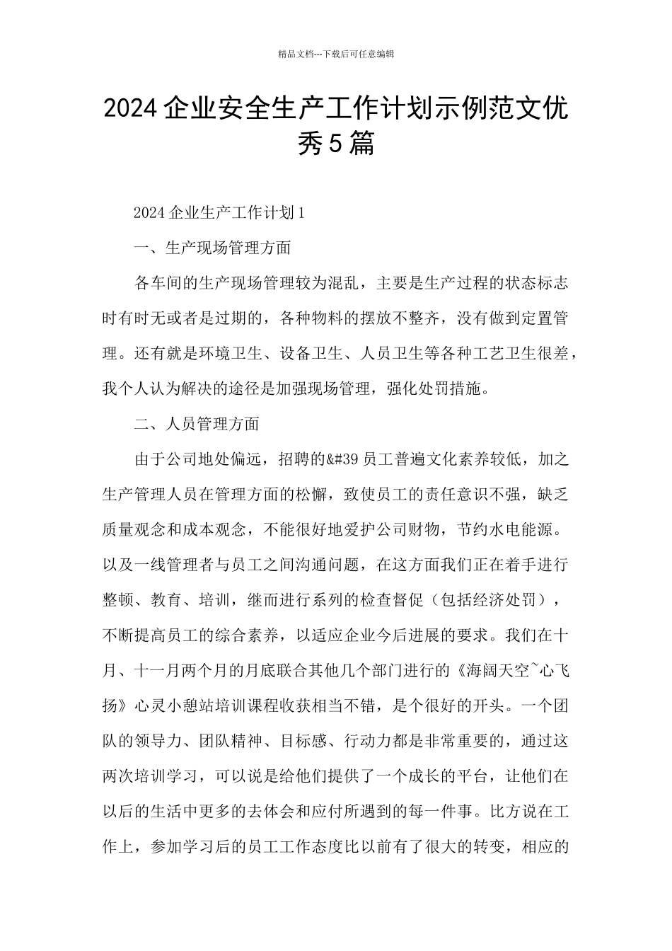 2024企业安全生产工作计划示例范文优秀5篇_第1页