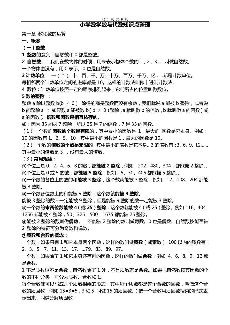 小学数学数与代数知识点整理_第1页