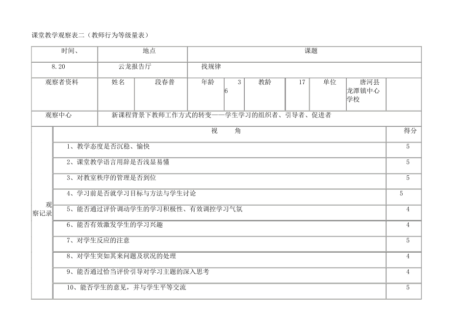 小学数学课堂观察量表_第3页