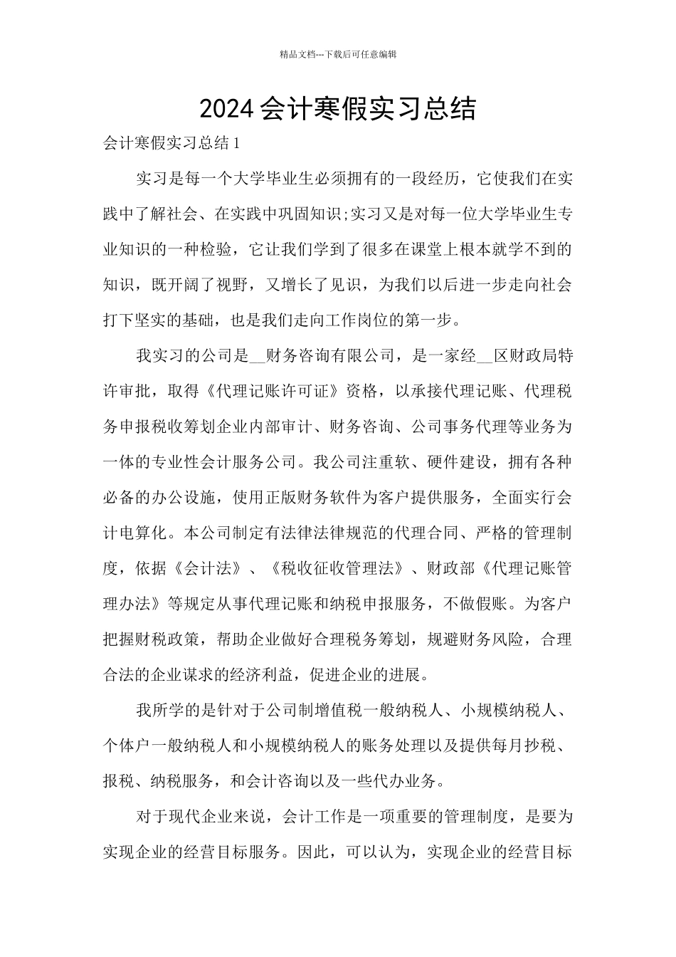 2024会计寒假实习总结_第1页