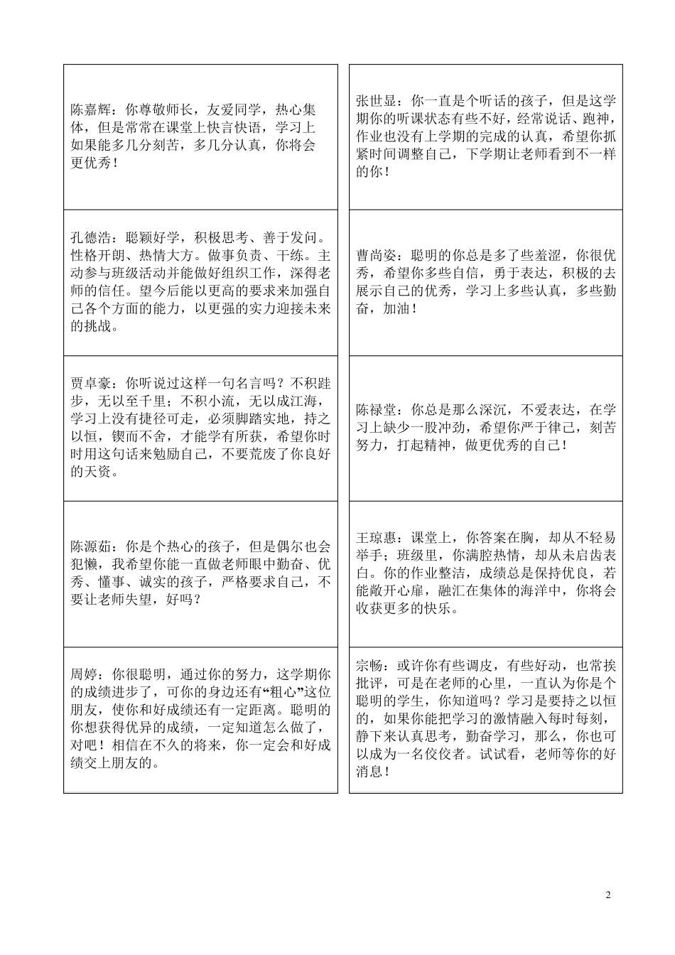 小学期末报告册评语可直接打印粘贴_第2页