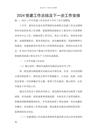 2024党建工作总结及下一步工作安排