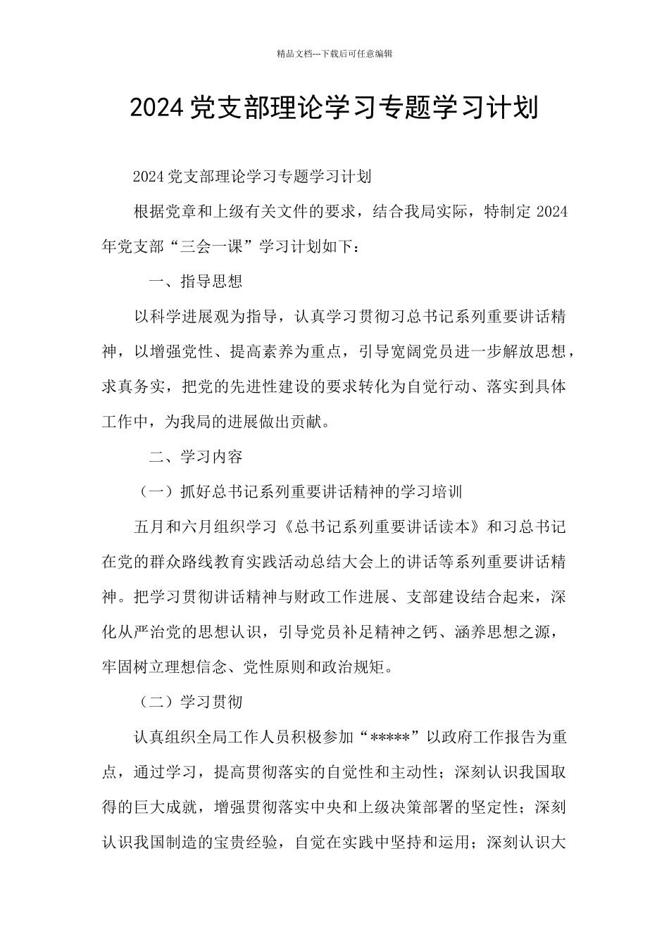 2024党支部理论学习专题学习计划_第1页