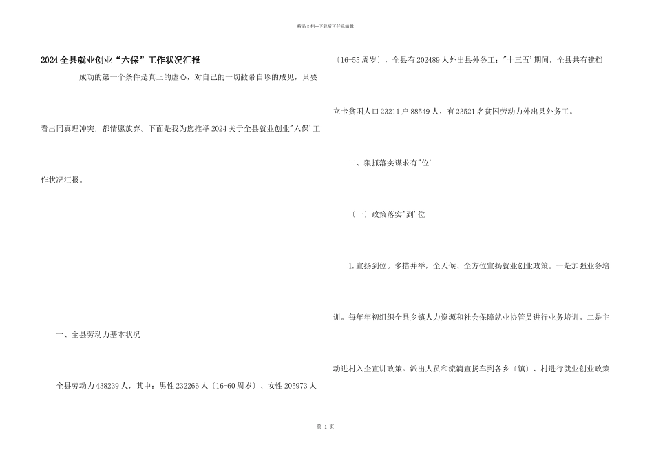 2024全县就业创业“六保”工作情况汇报_第1页
