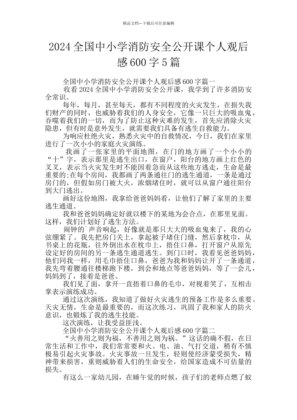2024全国中小学消防安全公开课个人观后感600字5篇_第1页