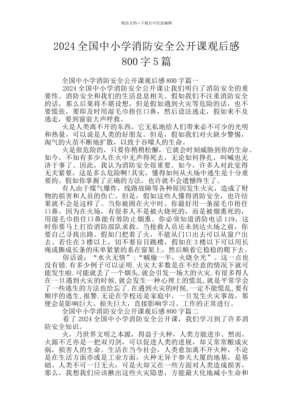 2024全国中小学消防安全公开课观后感800字5篇_第1页