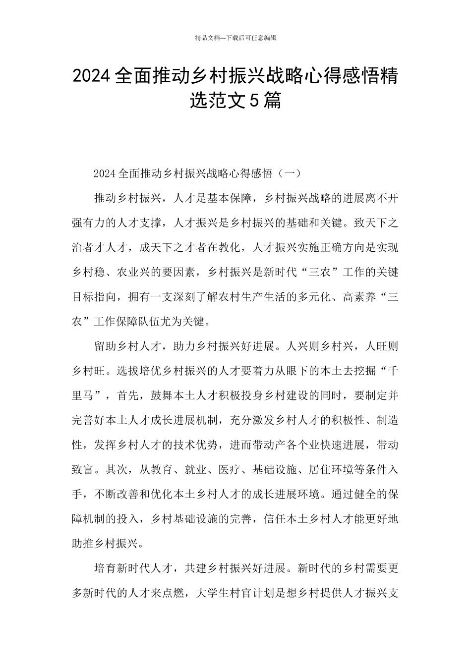 2024全面推进乡村振兴战略心得感悟精选范文5篇_第1页