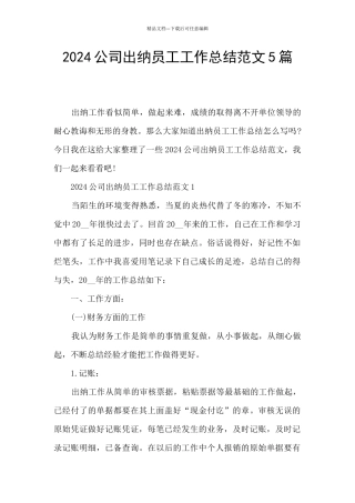 2024公司出纳员工工作总结范文5篇