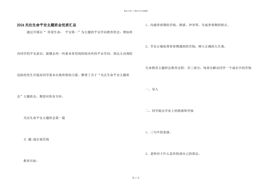 2024关注生命安全主题班会优质汇总_第1页