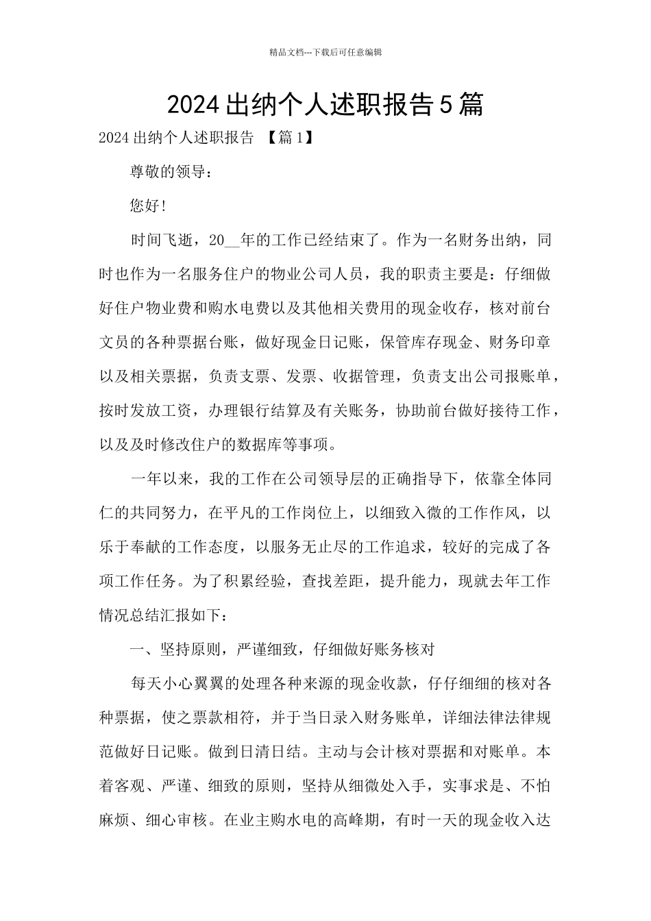 2024出纳个人述职报告5篇_第1页