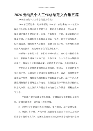 2024出纳员个人工作总结范文合集五篇