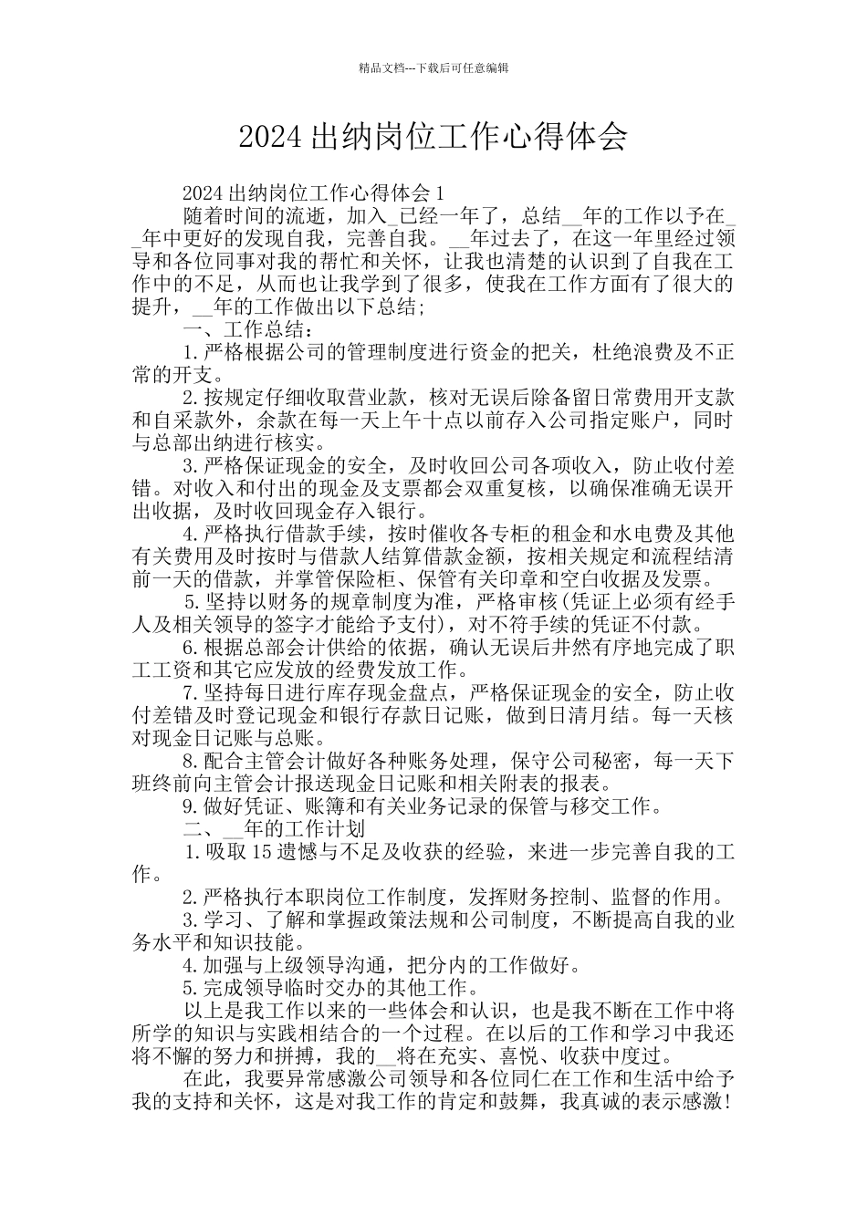 2024出纳岗位工作心得体会_第1页