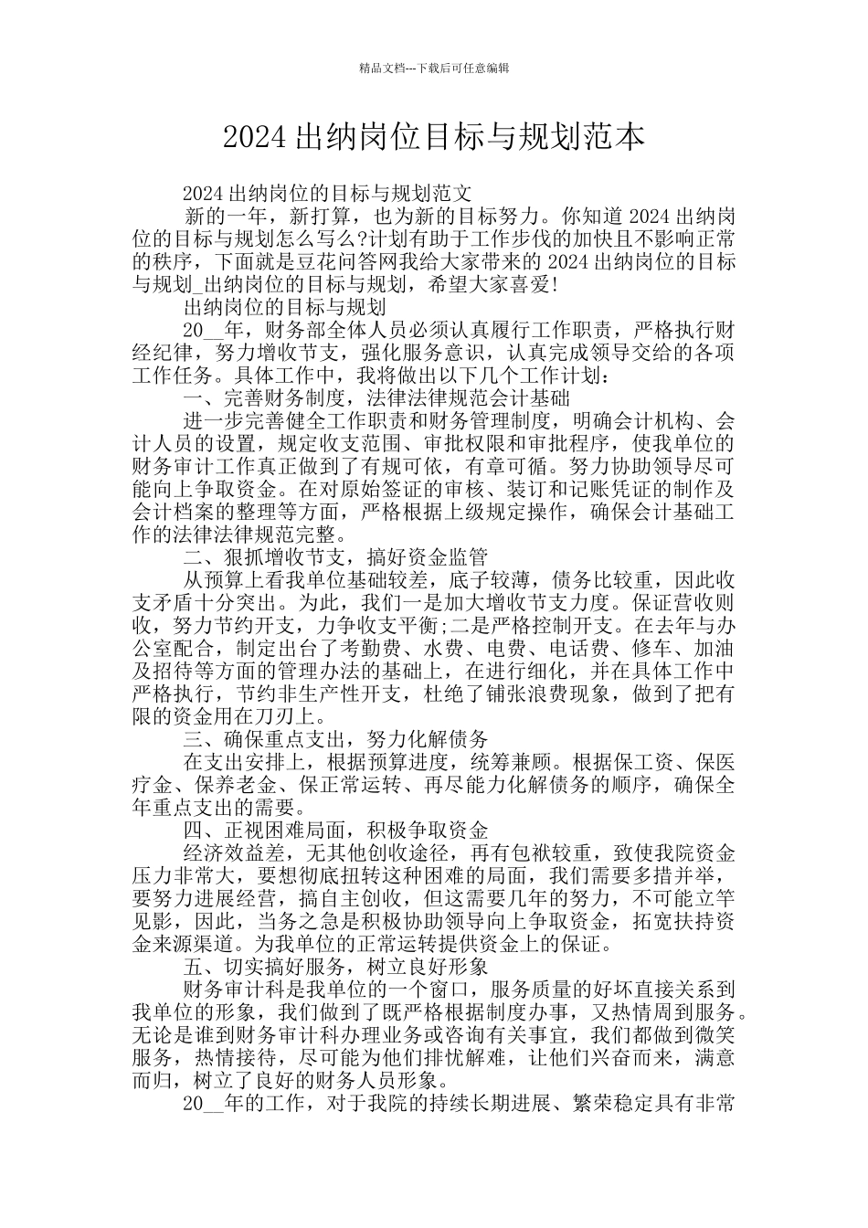 2024出纳岗位目标与规划范本_第1页