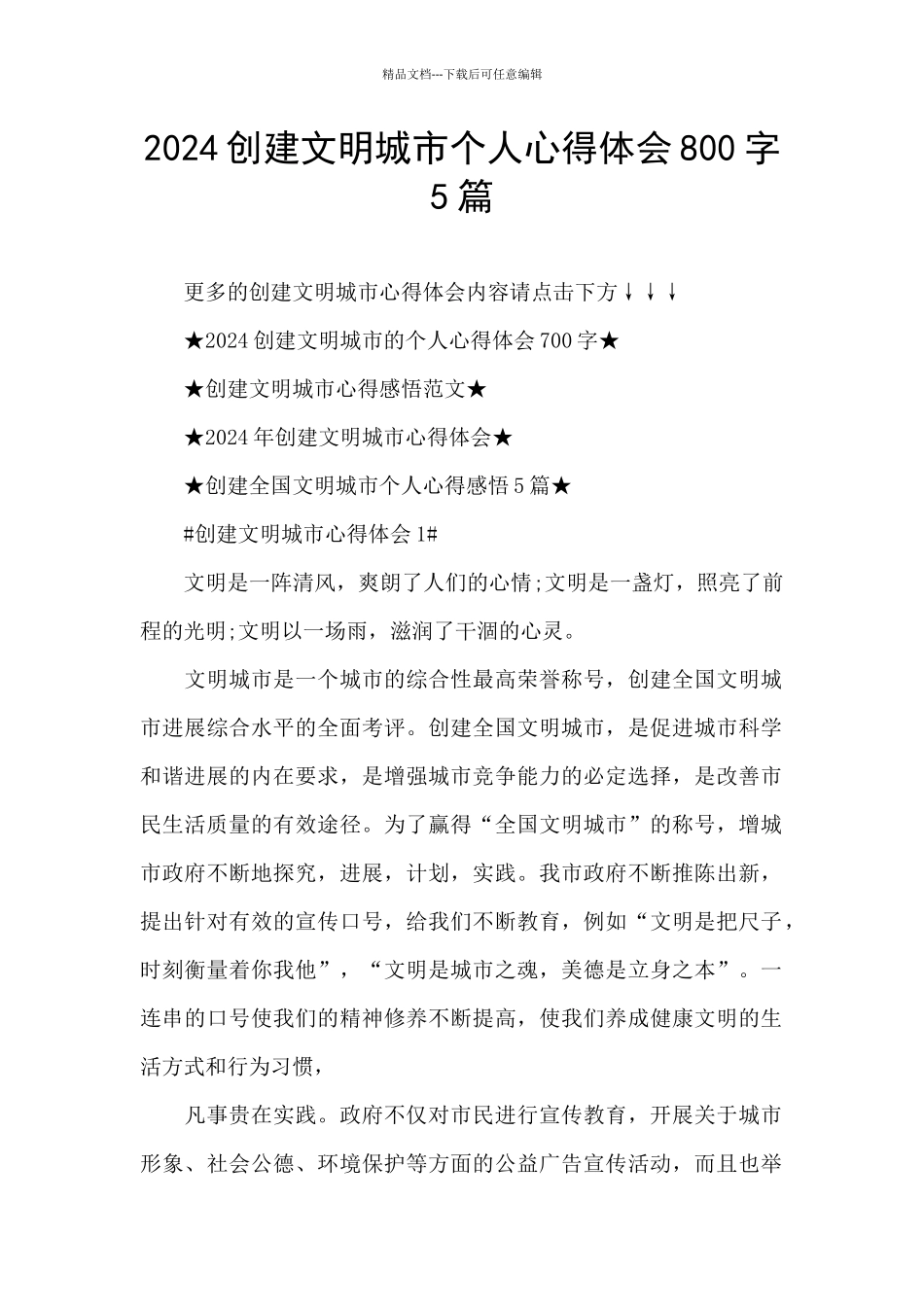 2024创建文明城市个人心得体会800字5篇_第1页