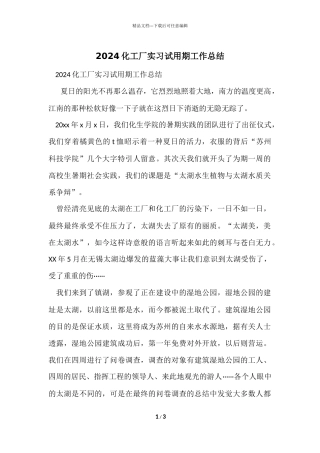 2024化工厂实习试用期工作总结