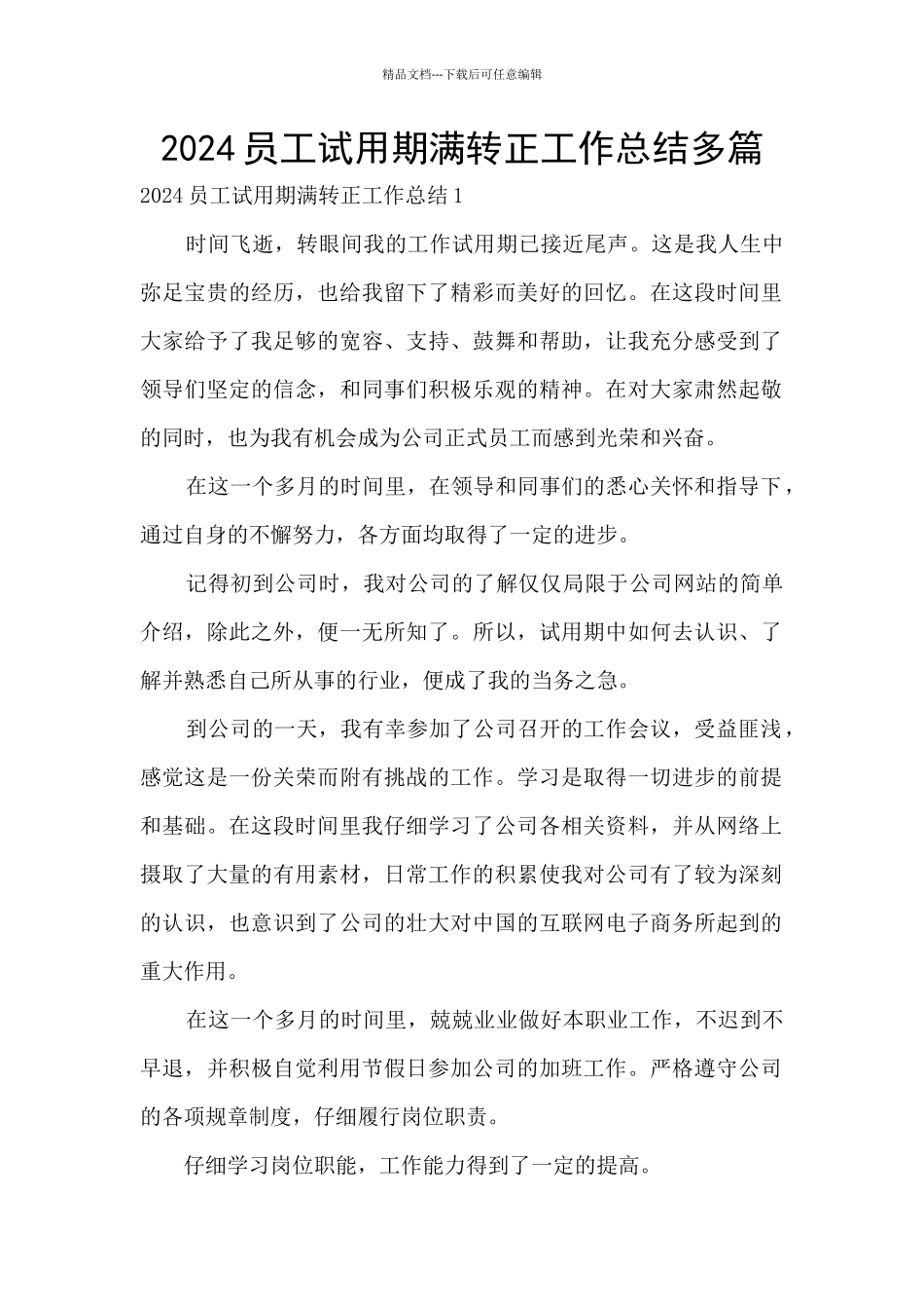 2024员工试用期满转正工作总结多篇_第1页