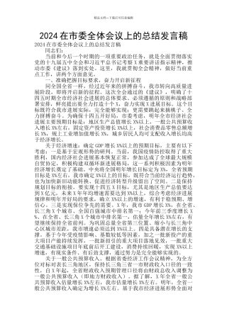 2024在市委全体会议上的总结发言稿