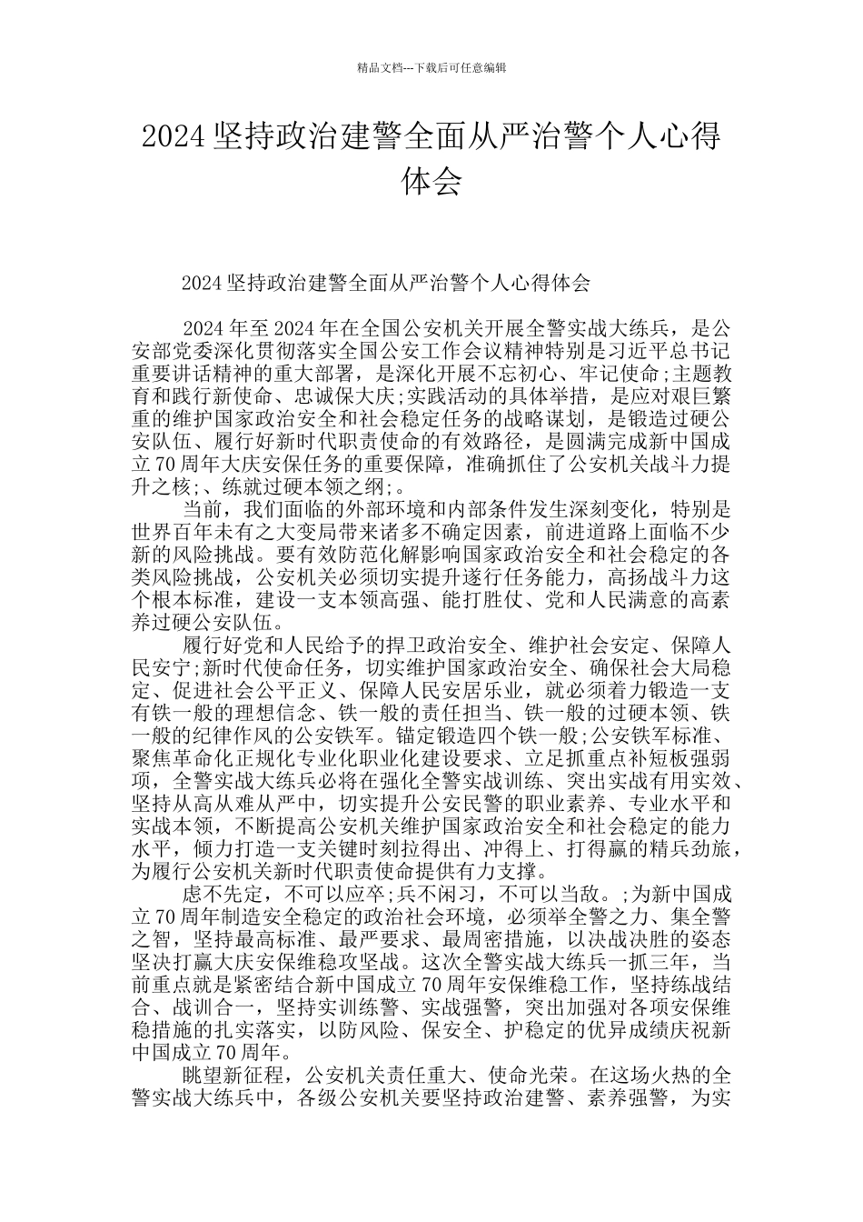 2024坚持政治建警全面从严治警个人心得体会_第1页