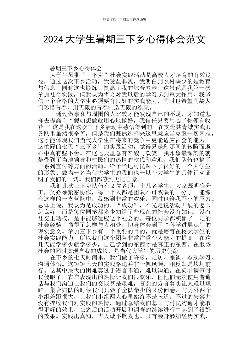 2024大学生暑期三下乡心得体会范文_第1页