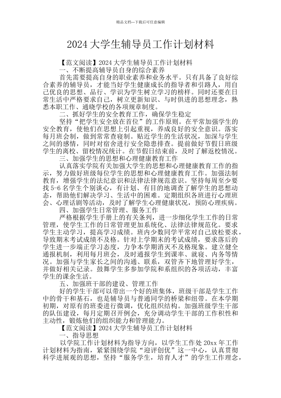 2024大学生辅导员工作计划材料_第1页