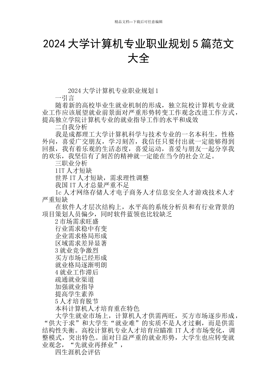 2024大学计算机专业职业规划5篇范文大全_第1页