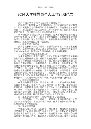 2024大学辅导员个人工作计划范文