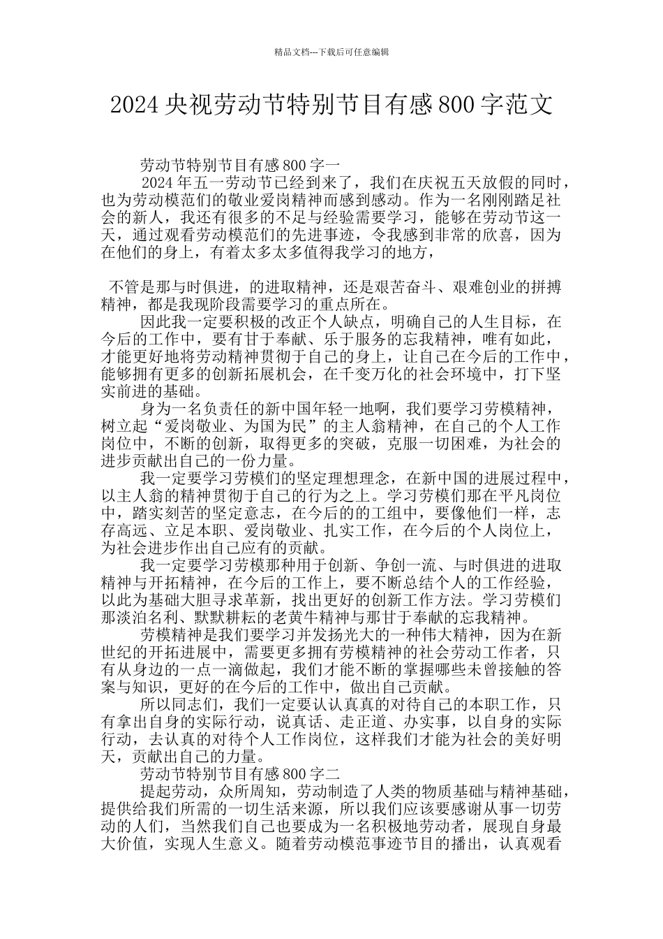 2024央视劳动节特别节目有感800字范文_第1页