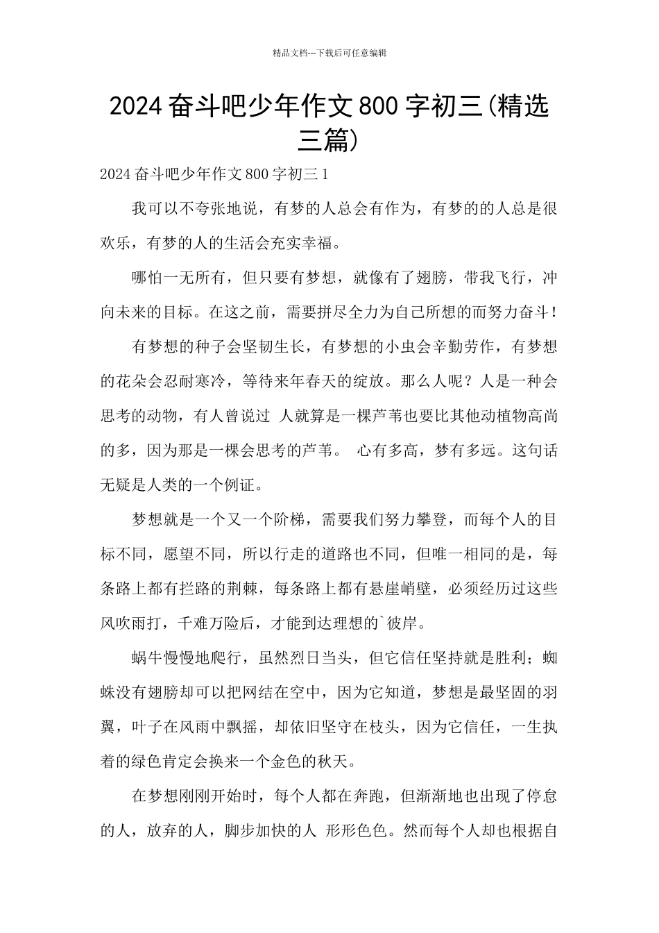 2024奋斗吧少年作文800字初三_第1页