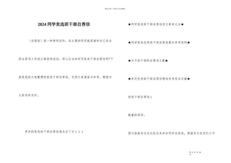 2024学生竞选班干部自荐信_第1页