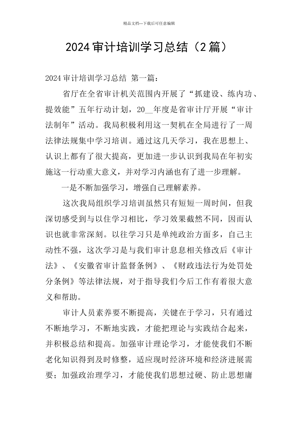 2024审计培训学习总结(2篇)_第1页