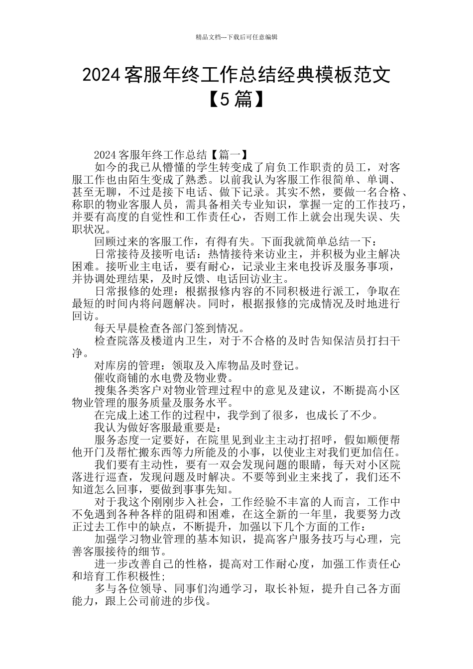 2024客服年终工作总结经典模板范文_第1页