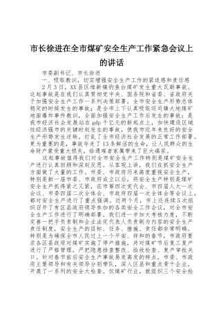 市长徐进在全市煤矿安全生产工作紧急会议上的讲话