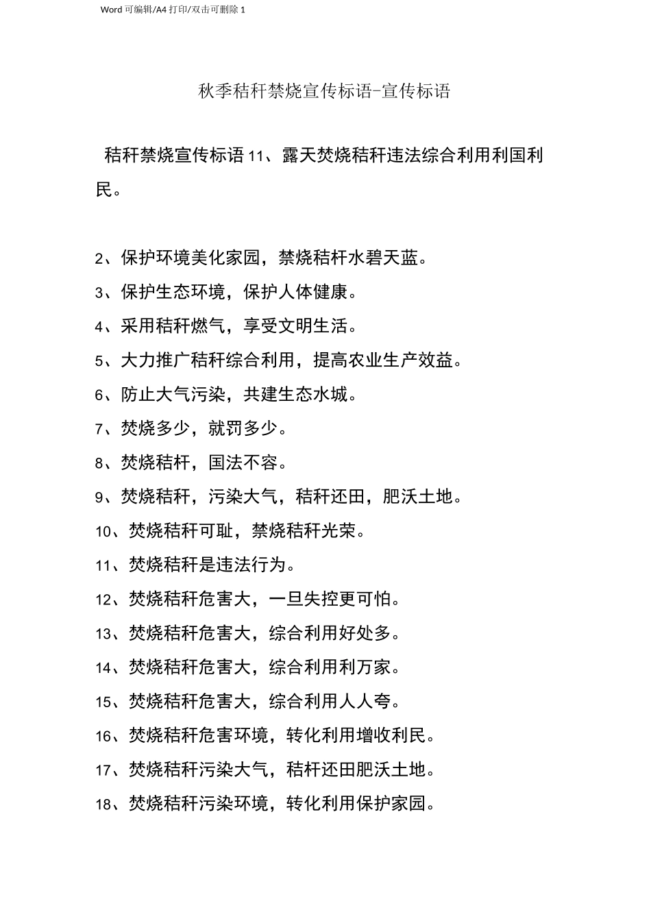 2021秋季秸秆禁烧宣传标语(完整版)_第1页
