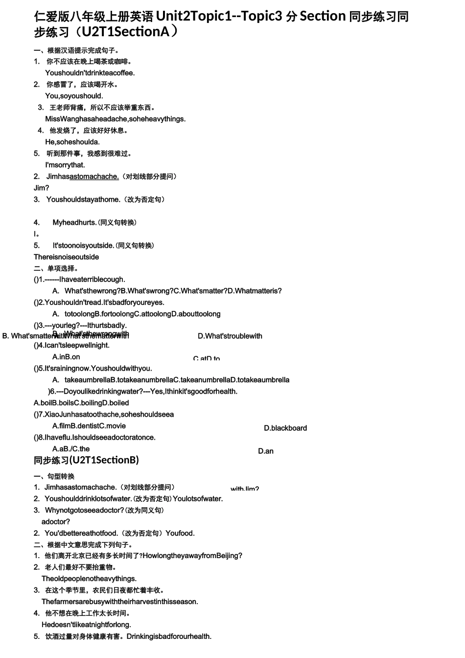 仁爱版八年级上册同步练习Unit2 Topic1--Topic3分Section同步练习_第1页