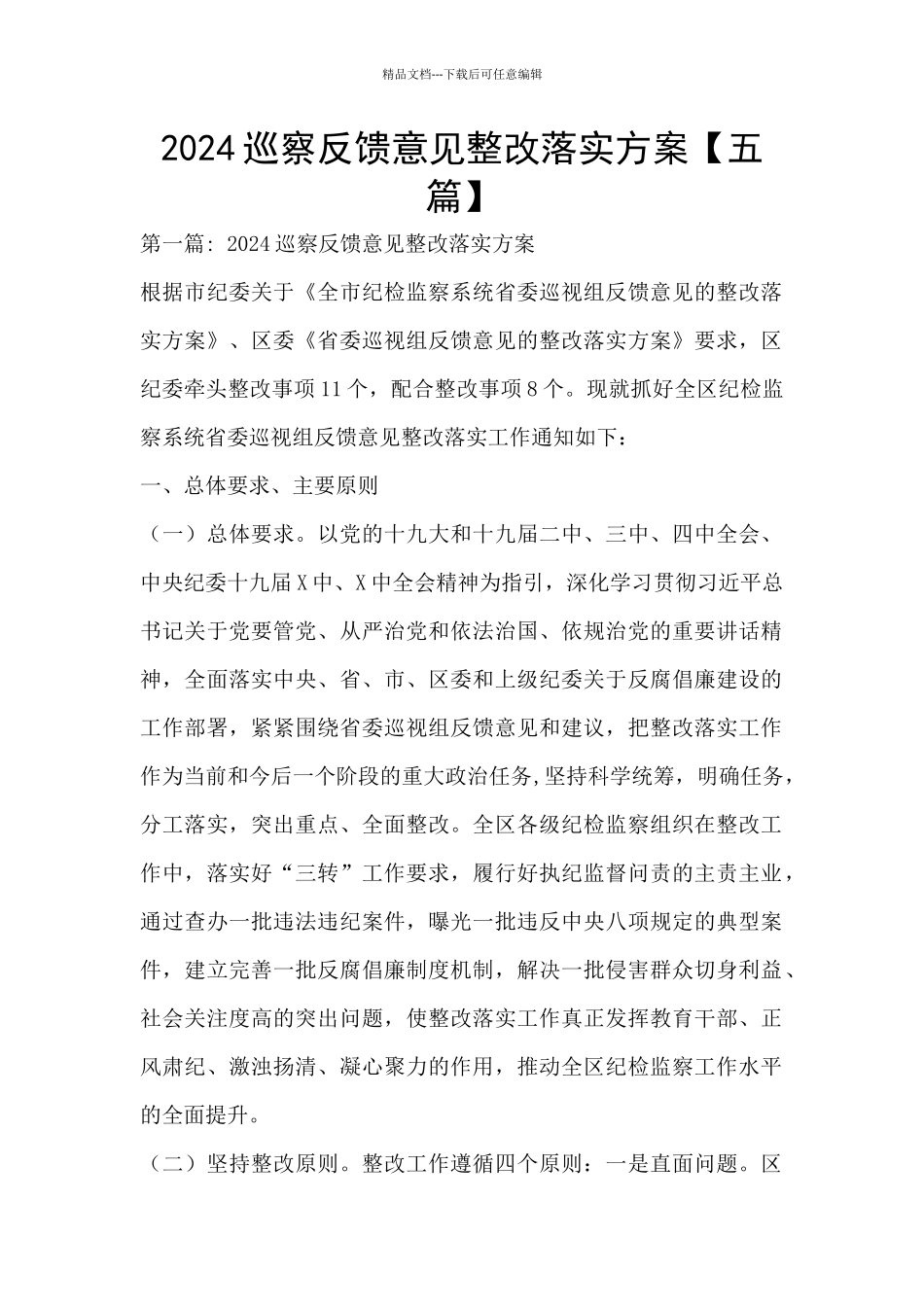 2024巡察反馈意见整改落实方案_第1页