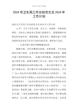 2024市卫生局工作总结范文及2024年工作计划