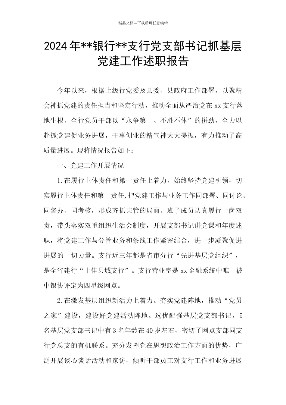 2024年--银行--支行党支部书记抓基层党建工作述职报告_第1页