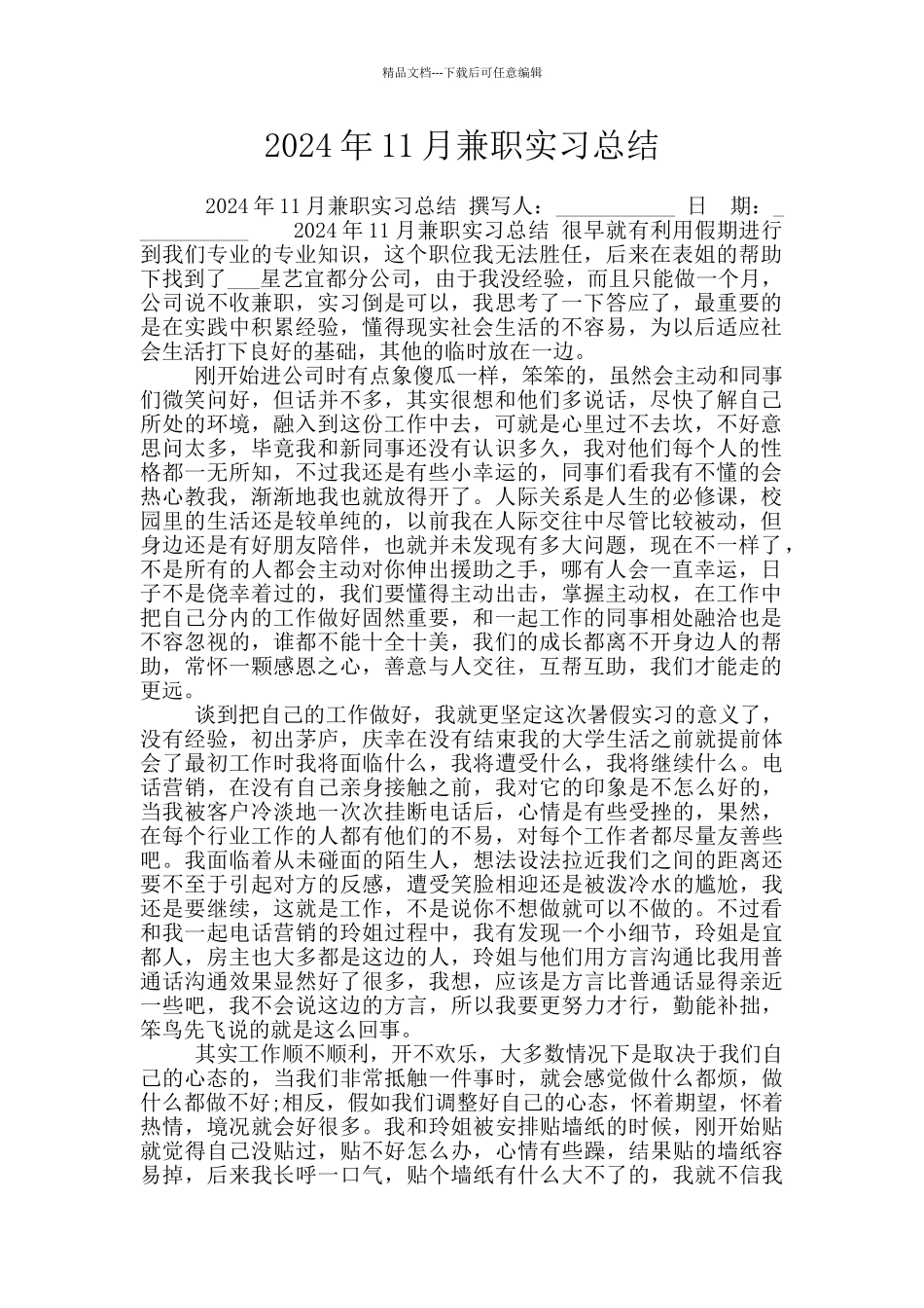 2024年11月兼职实习总结_第1页