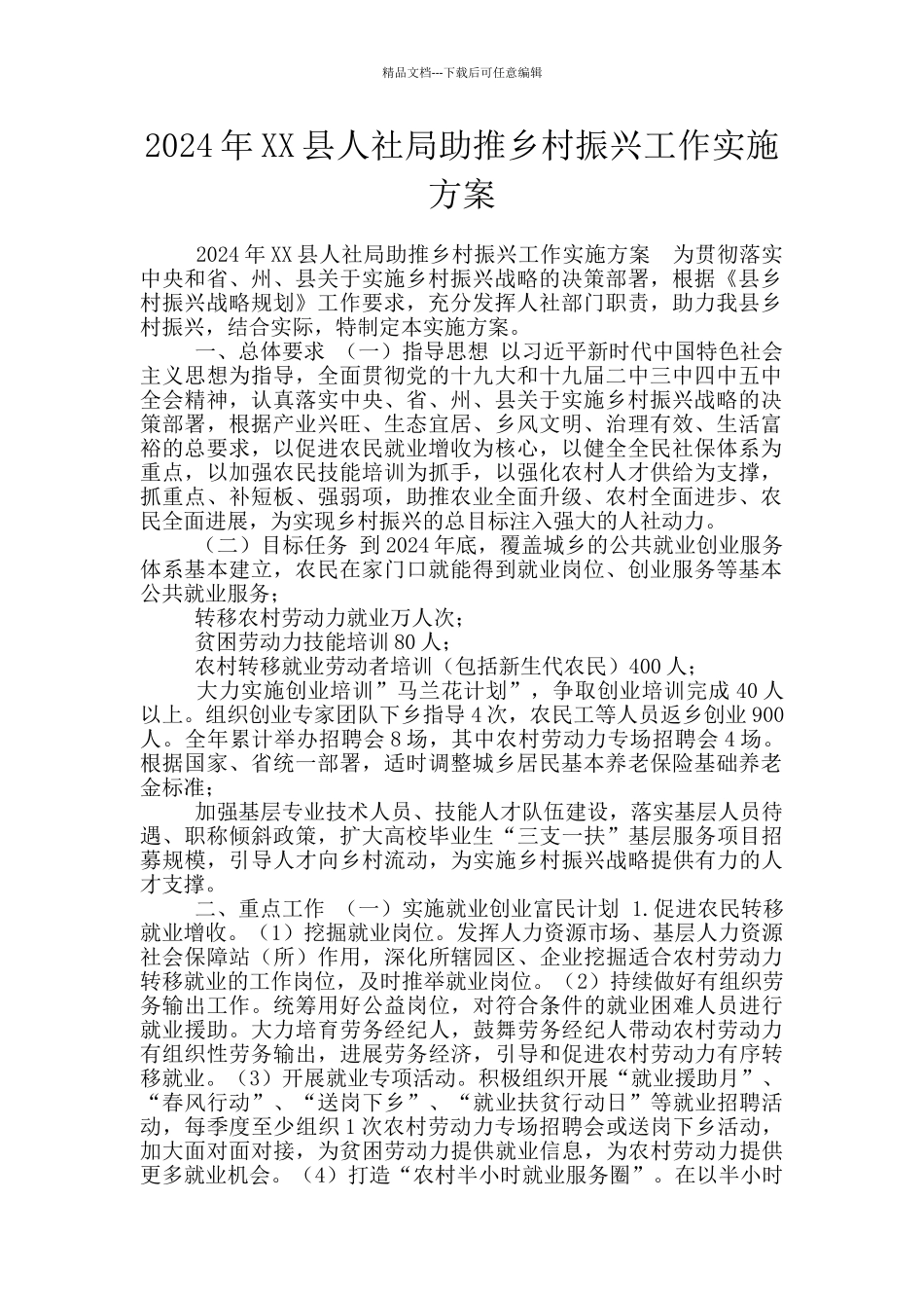 2024年XX县人社局助推乡村振兴工作实施方案_第1页