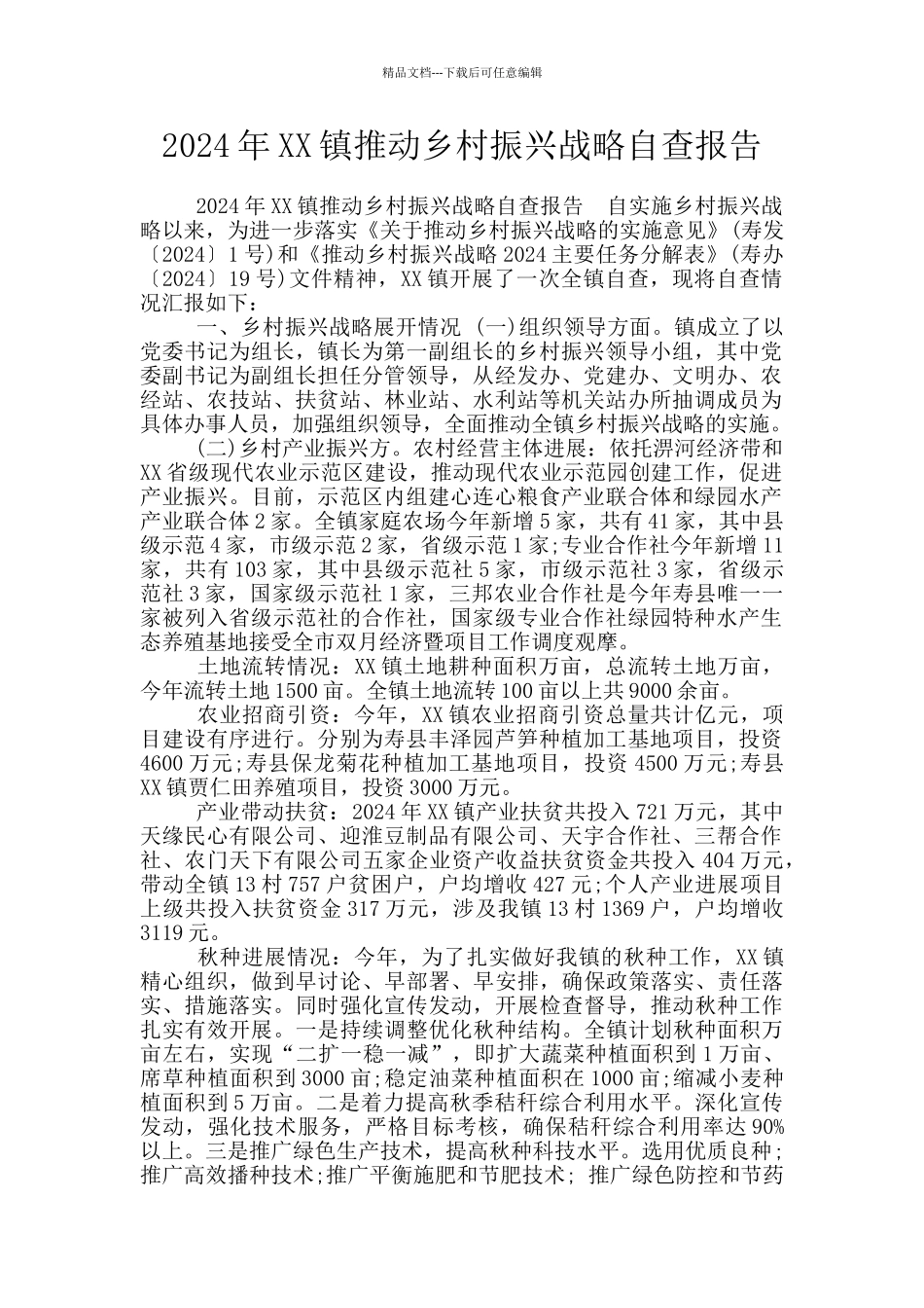 2024年XX镇推进乡村振兴战略自查报告_第1页