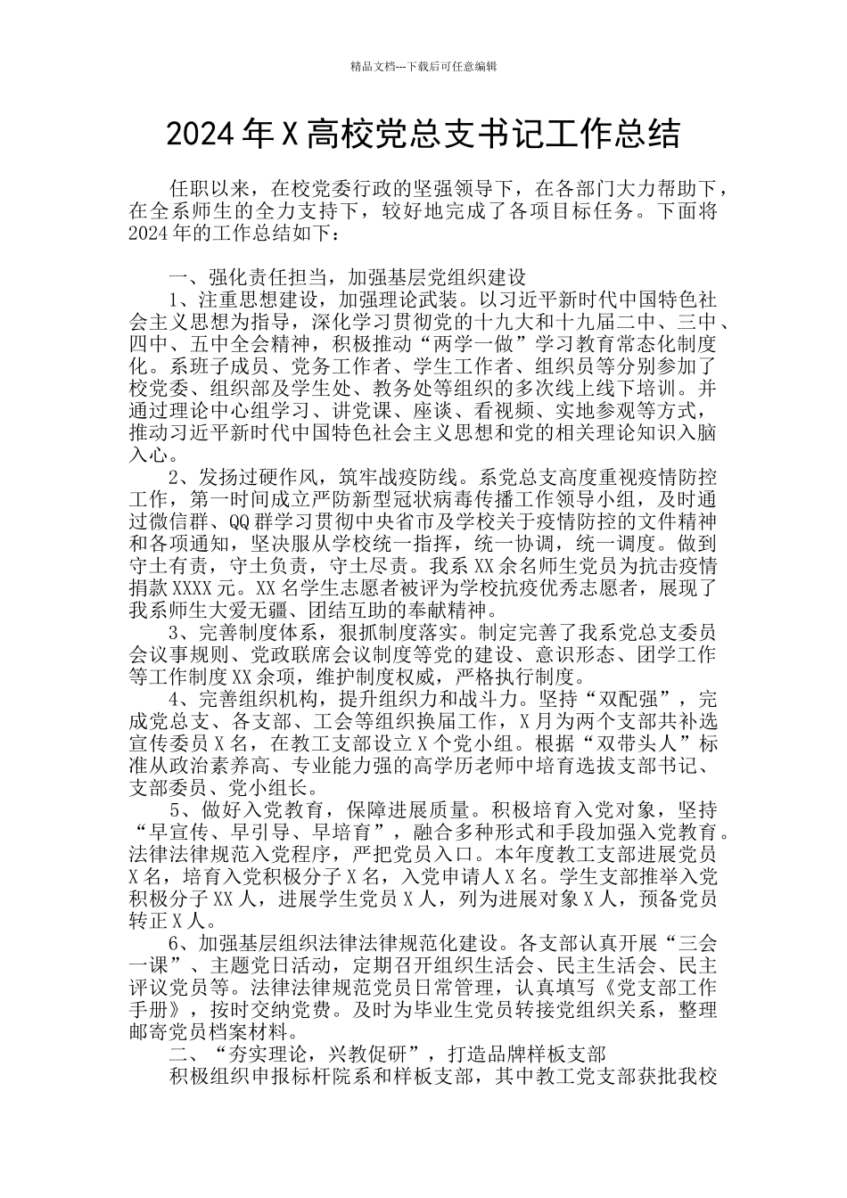 2024年X高校党总支书记工作总结_第1页