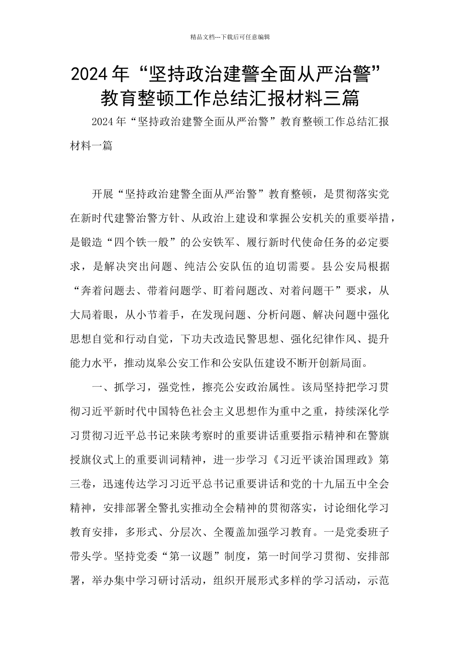 2024年“坚持政治建警全面从严治警”教育整顿工作总结汇报材料三篇_第1页