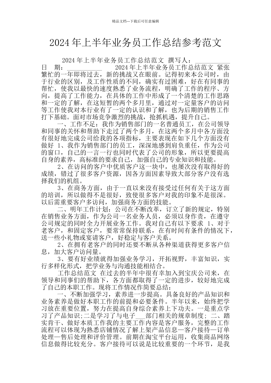 2024年上半年业务员工作总结参考范文_第1页