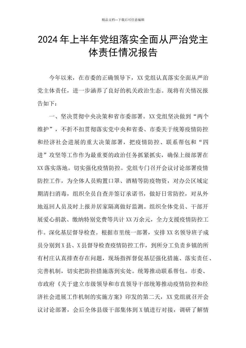 2024年上半年党组落实全面从严治党主体责任情况报告_第1页