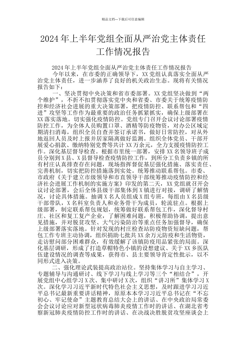 2024年上半年党组全面从严治党主体责任工作情况报告_第1页