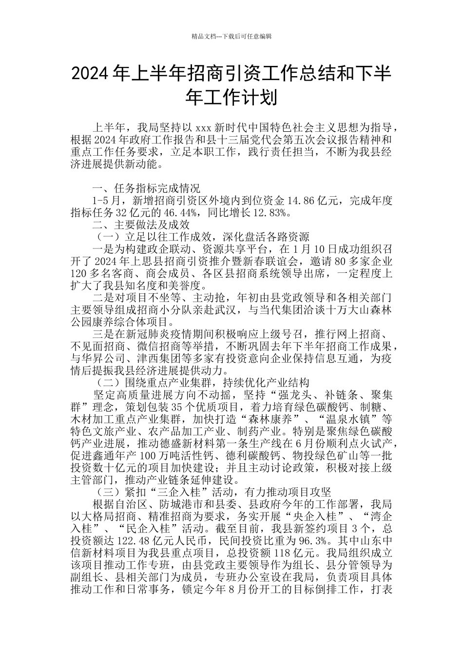 2024年上半年招商引资工作总结和下半年工作计划_第1页