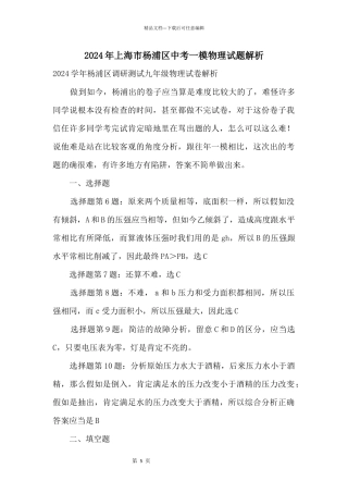 2024年上海市杨浦区中考一模物理试题解析